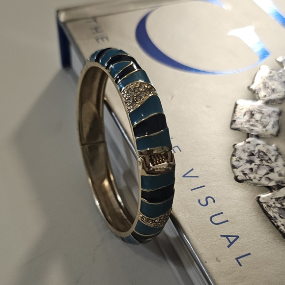 Vintage Gold Tone Sequin Enamel & Rhinestone Cuff Clamper Bracelet. - Picture 8 of 14